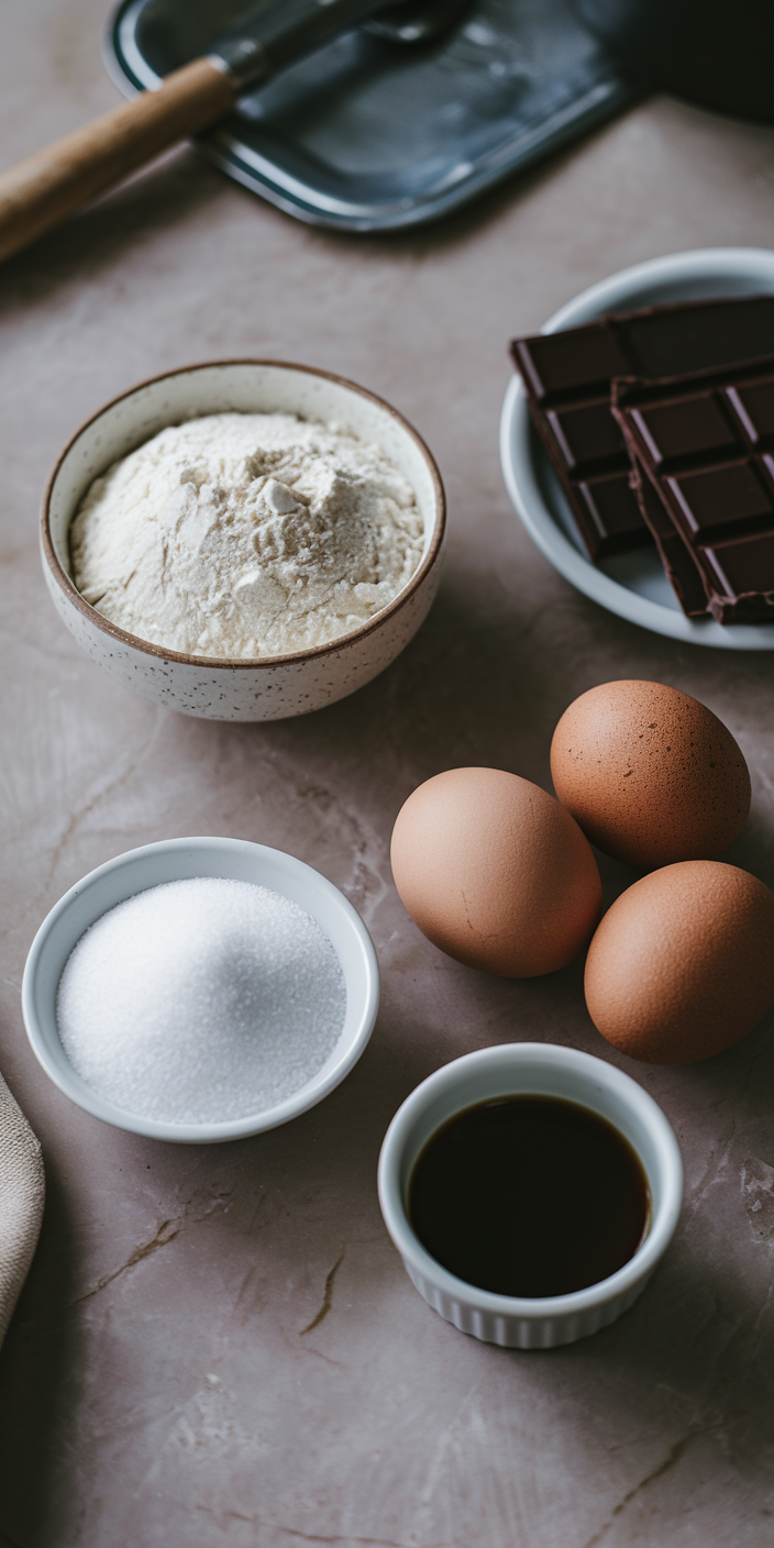 Baking ingredients on a countertop include flour, sugar, eggs, chocolate, and vanilla extract arranged aesthetically, ready for a culinary creation.