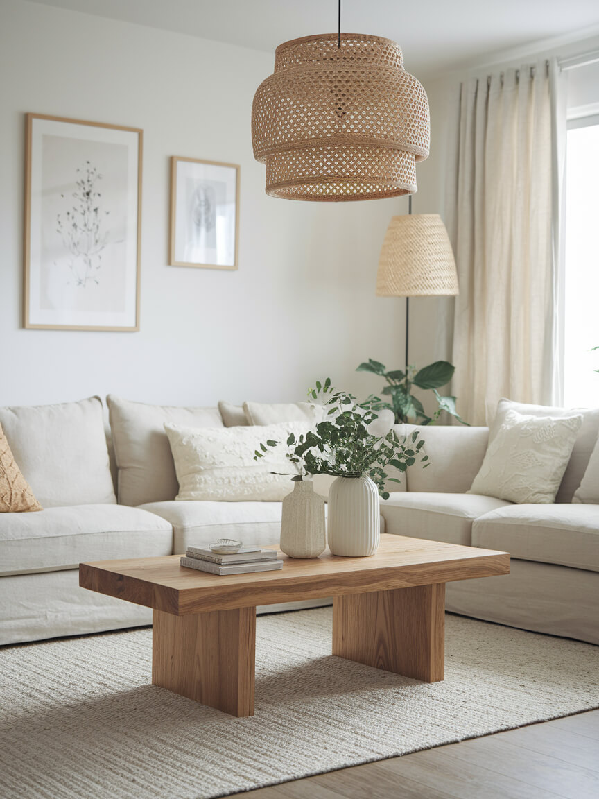 Minimalist living room featuring a beige sofa, wooden coffee table, woven light fixtures, decorative plants, and framed artwork on white walls.