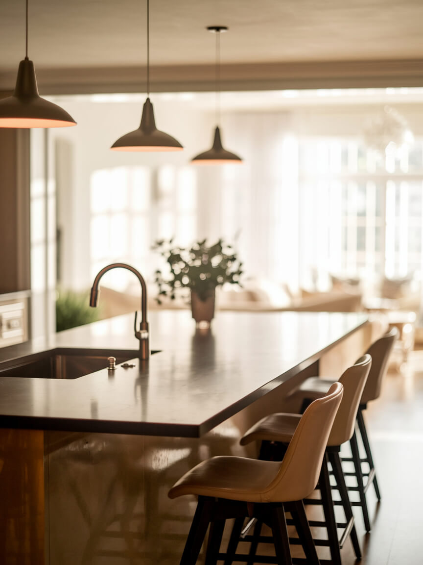 A modern kitchen with three pendant lights, a sleek island counter with chairs, and a potted plant in a sunlit, airy space.