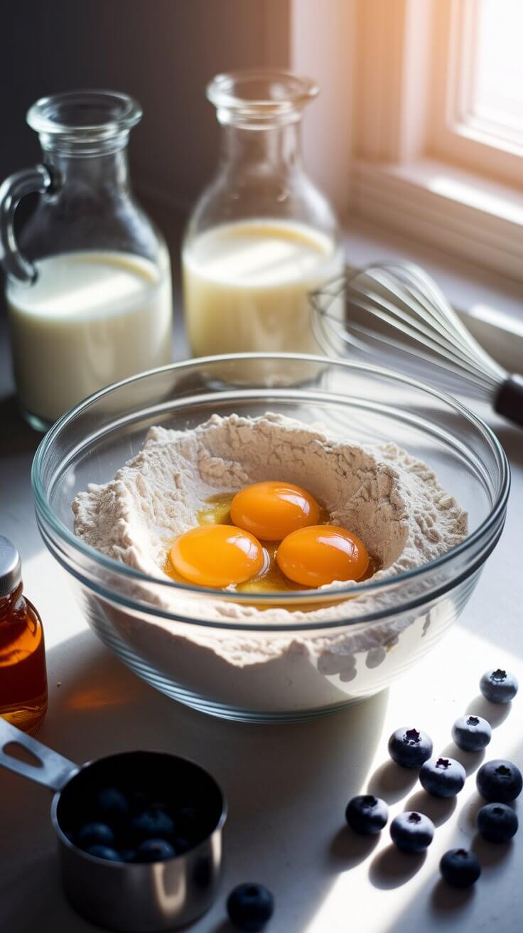 A glass bowl with flour and eggs, surrounded by milk bottles, blueberries, a whisk, and a jar, lit by sunlight.