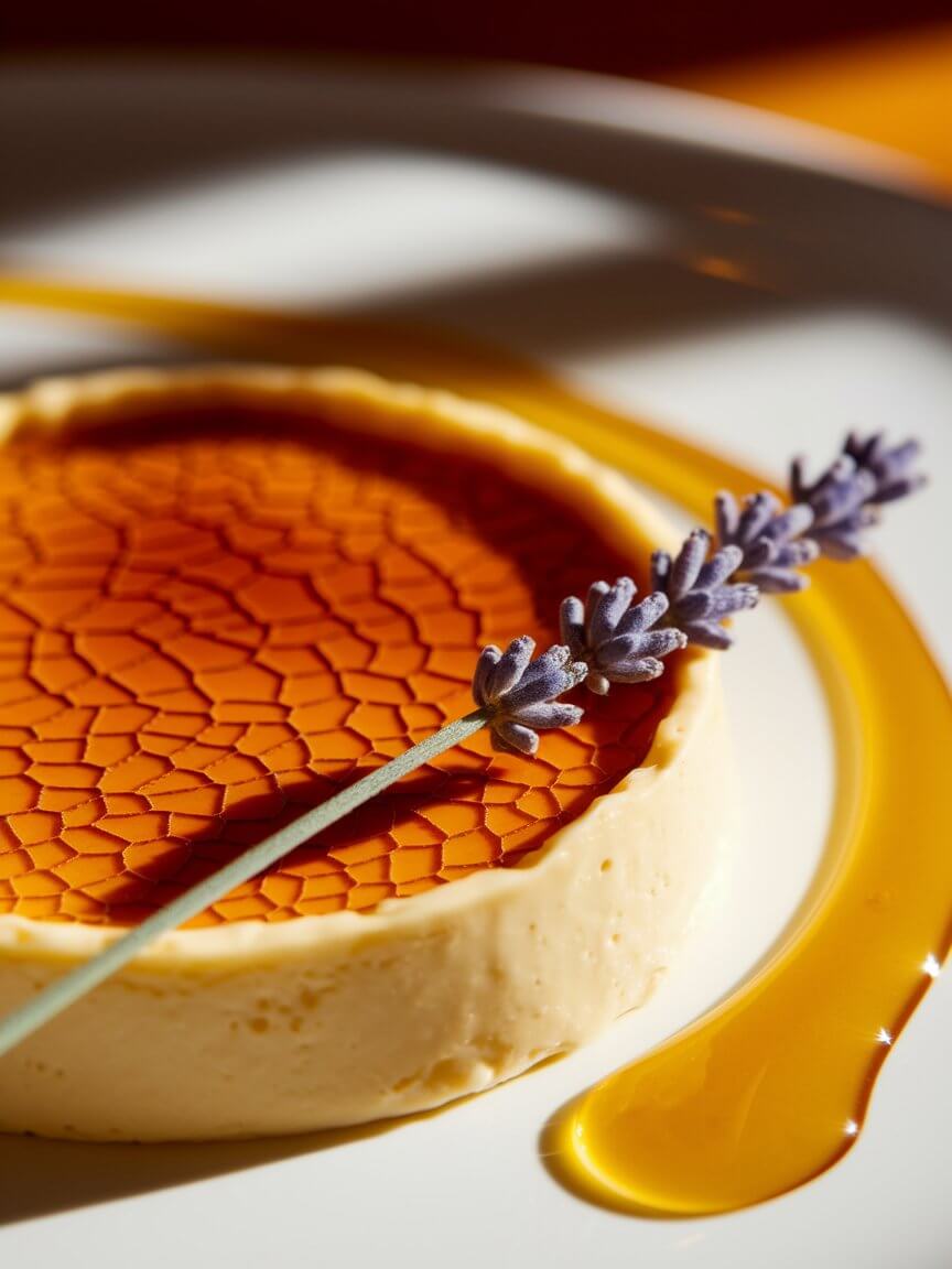 Elegant dessert with a caramelized top and lavender garnish, served on a white plate with caramel sauce elegantly drizzled around it.