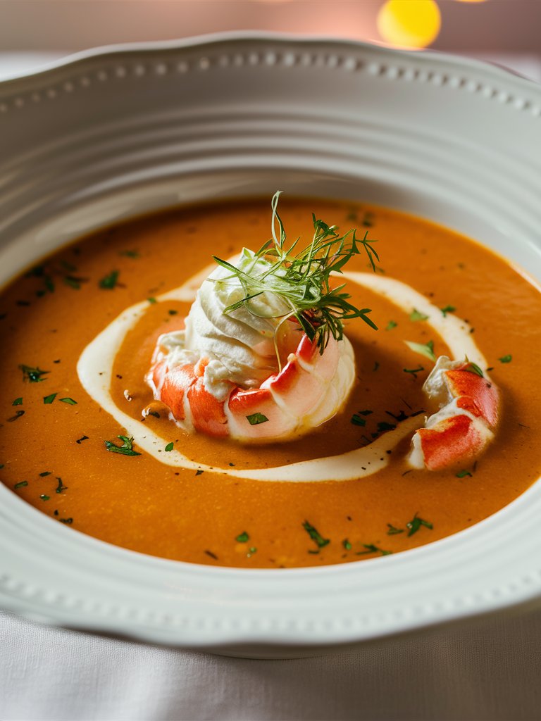A white bowl of creamy seafood bisque with garnished herbs and lobster, elegantly swirled with cream, on a softly lit table.