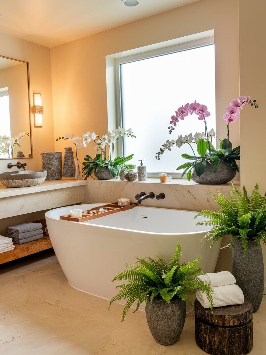 Luxurious bathroom with a modern bathtub, surrounded by green plants and vibrant orchids. Soft lighting highlights the serene, spa-like atmosphere.