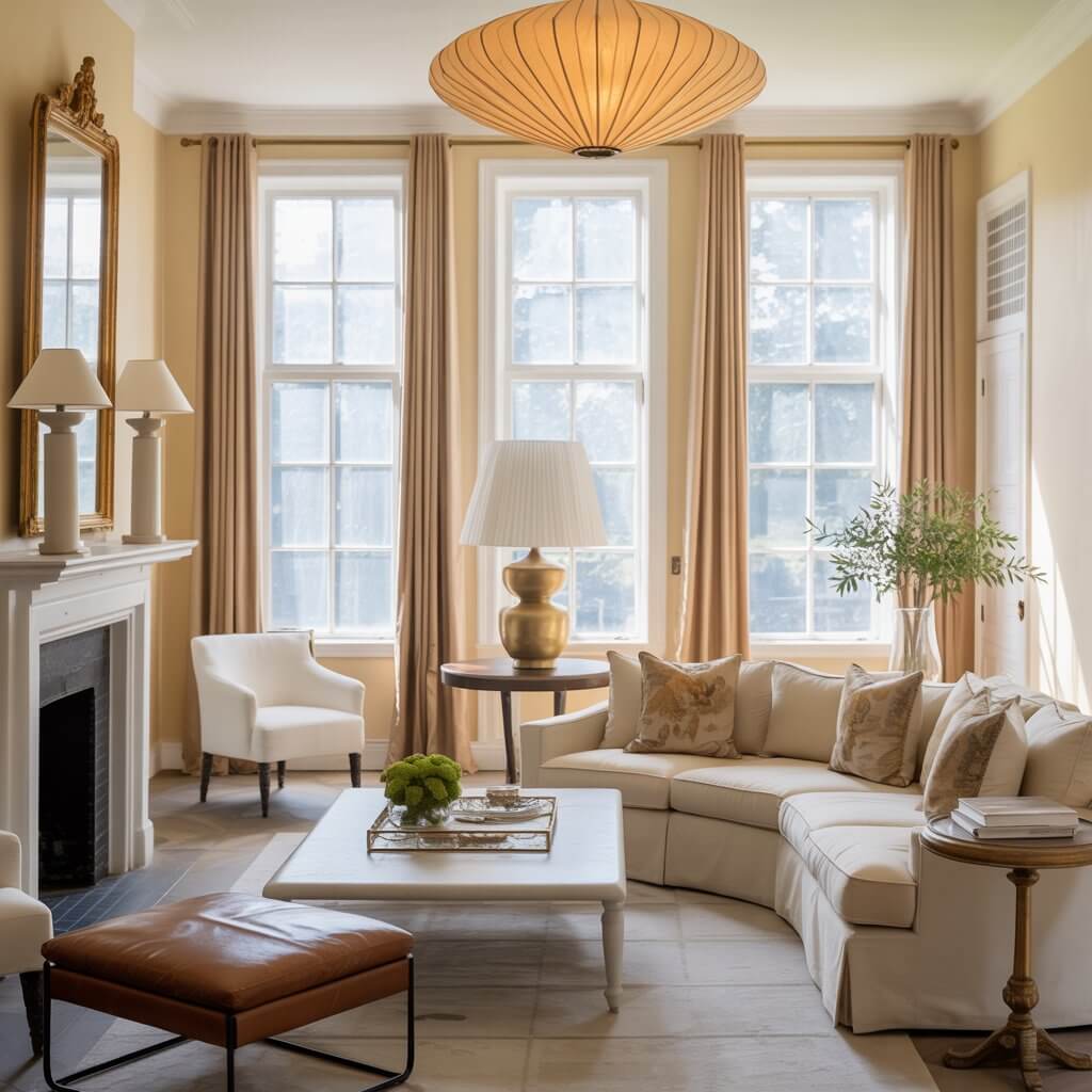 Elegant living room with beige walls, large windows, a curved sofa, a modern coffee table, and a grand chandelier. Classic and cozy ambiance.