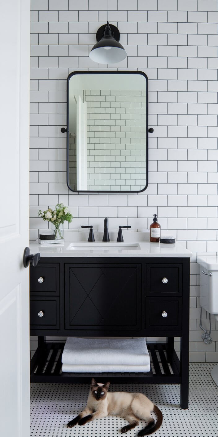 Black vanity with a rectangular mirror and light fixture in a white-tiled bathroom. A Siamese cat lies on the patterned floor.