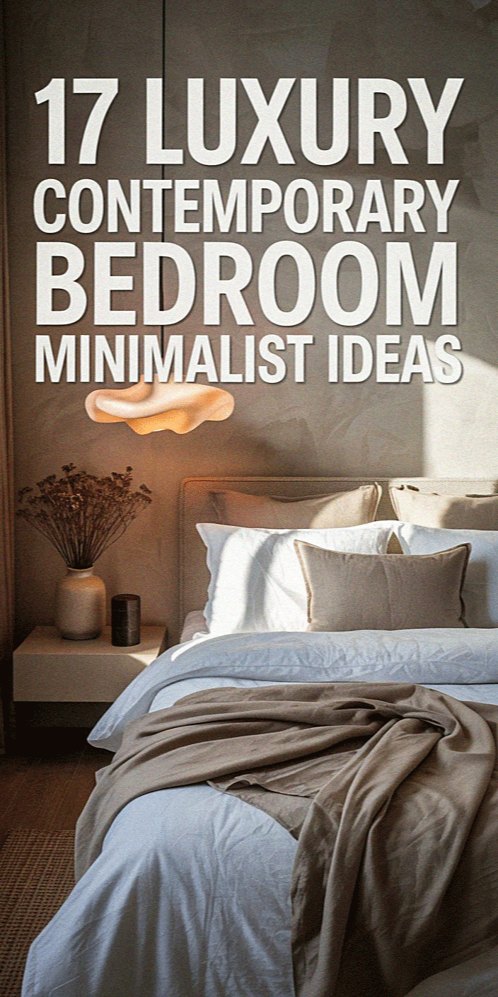 Minimalist bedroom with elegant lighting, neutral bedding, and modern decor. Text reads "17 Luxury Contemporary Bedroom Minimalist Ideas" above the bed scene.