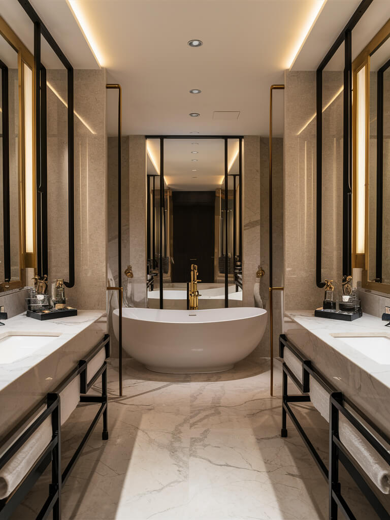 Luxurious, modern bathroom with a freestanding marble bathtub, elegant lighting, dual sinks, and floor-to-ceiling mirrors creating a sophisticated ambiance.