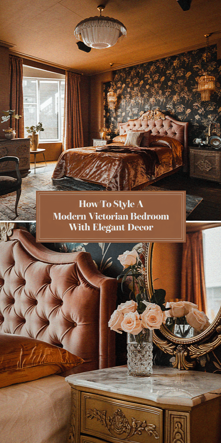 A modern Victorian bedroom with ornate decor, featuring a plush bed, floral wallpaper, vintage furniture, and elegant rose arrangements, creating a luxurious ambiance.