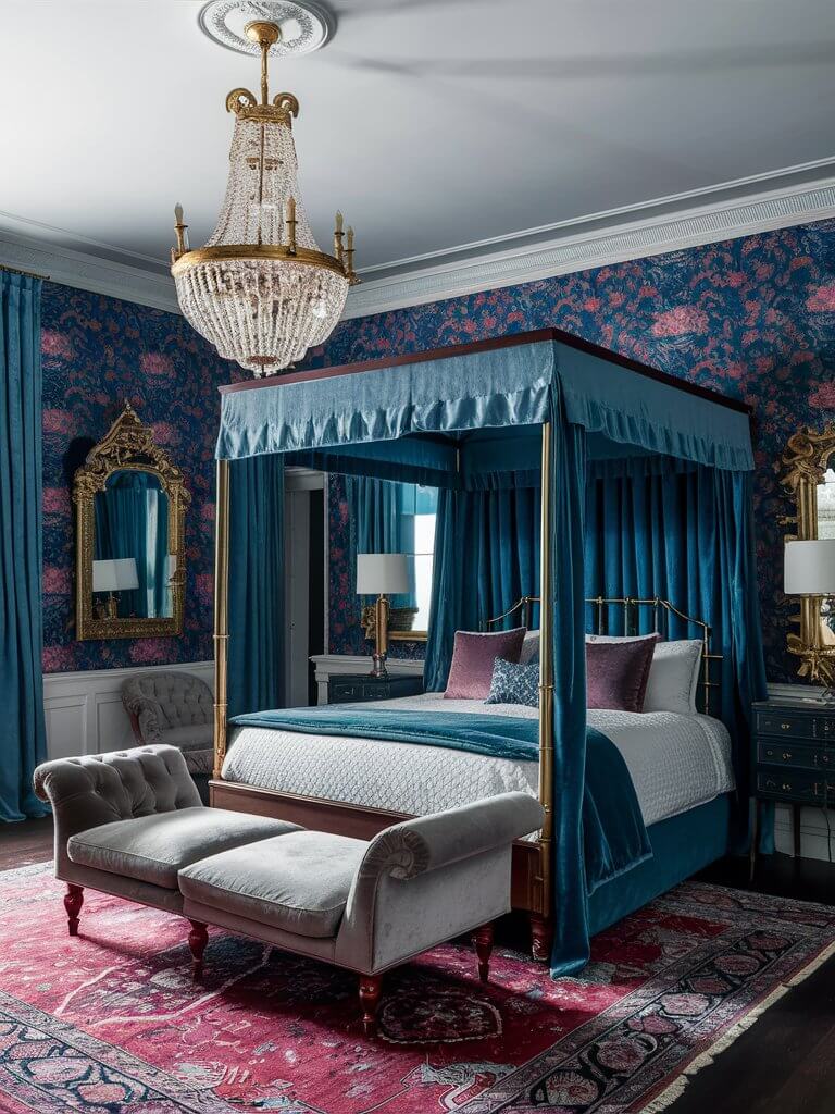 Luxurious bedroom features a canopy bed with blue curtains, antique mirrors, floral wallpaper, and an ornate chandelier over a plush red rug.