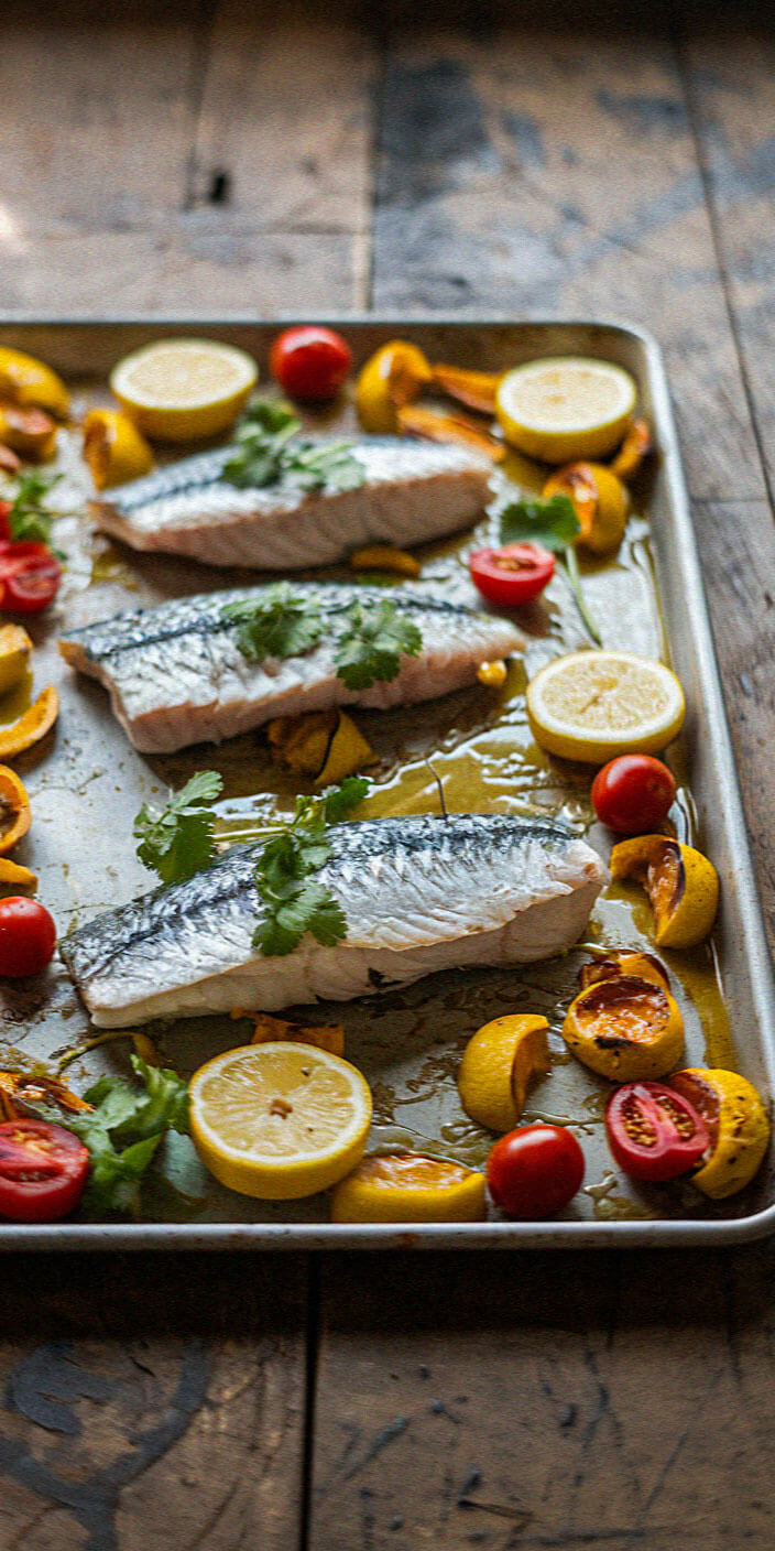 Three fish fillets with lemon slices, cherry tomatoes, and herbs on a baking tray, on a rustic wooden table.