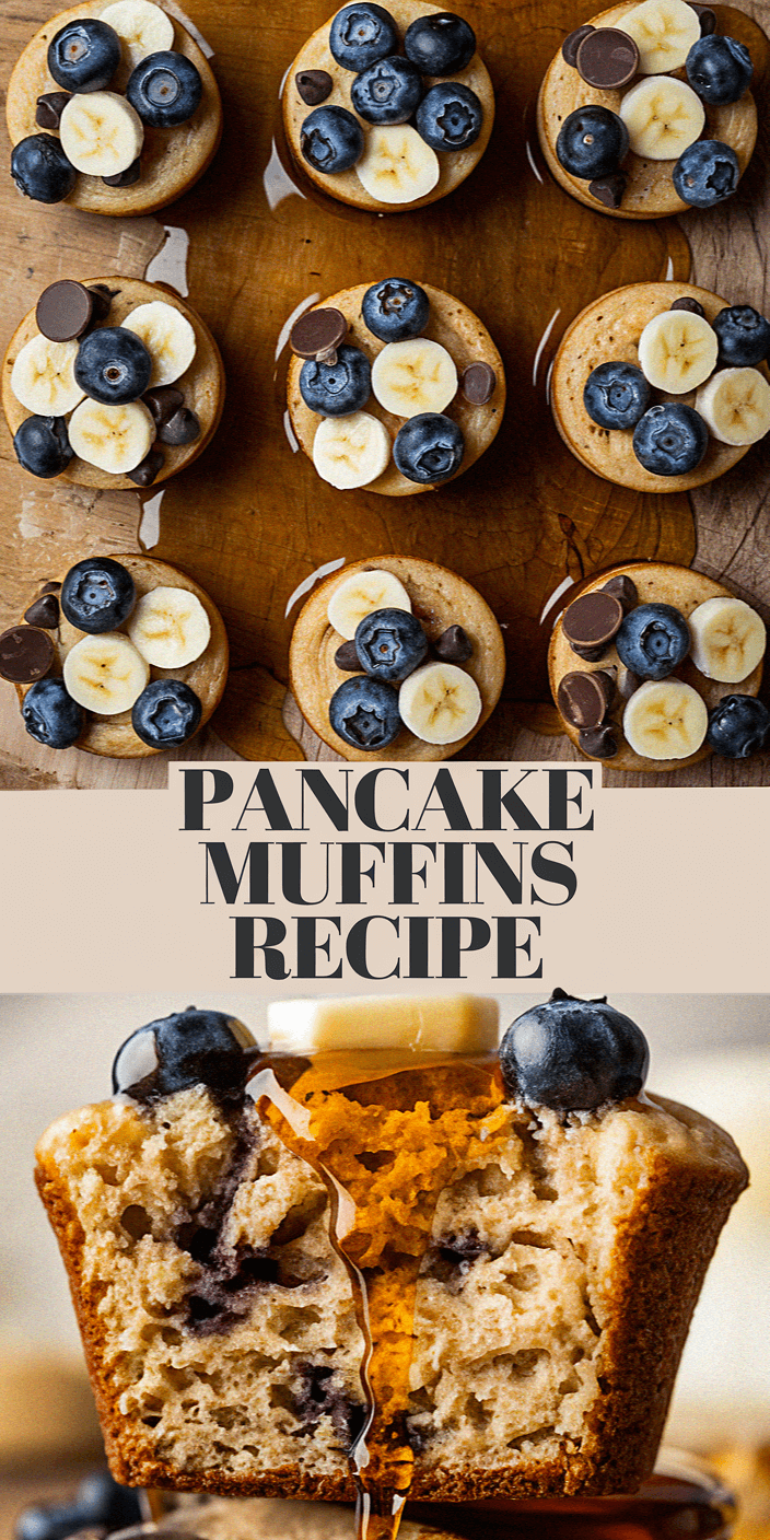 Mini pancake muffins topped with blueberries, banana slices, and chocolate chips, drizzled with syrup; recipe text displayed below.