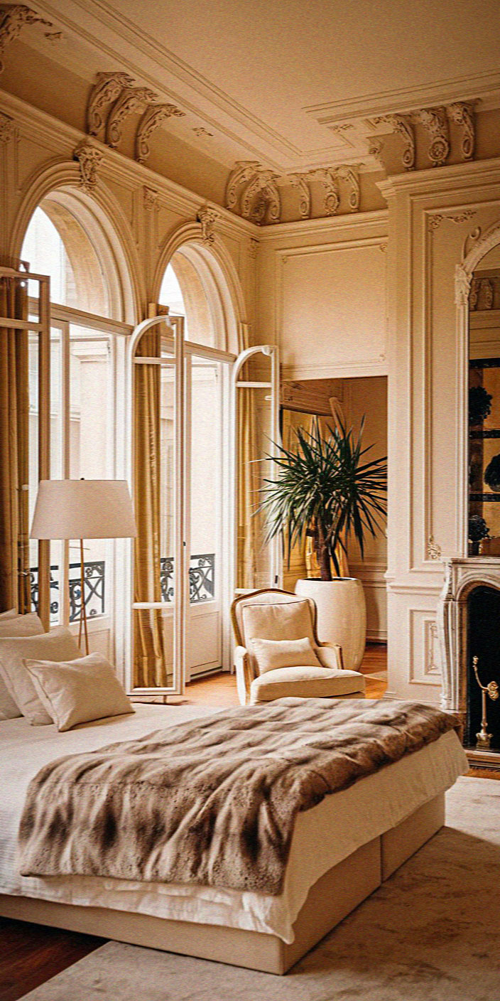 Luxurious bedroom features elegant moldings, arched windows, and plush furnishings. A large bed with a throw blanket and potted plant complete the decor.