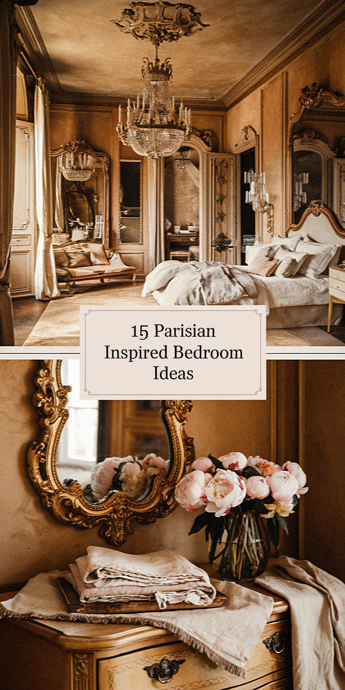 Elegant Parisian-style bedroom with chandeliers, ornate mirrors, and antique furniture. Luxurious bedding and flowers on a wooden dresser enhance the classic ambiance.