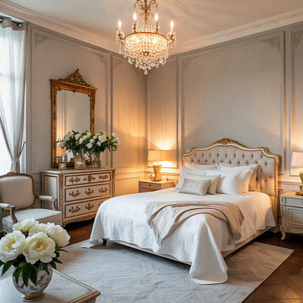 Elegant bedroom with vintage decor, featuring a chandelier, ornate mirror, tufted bed, and fresh flowers. Soft lighting creates a cozy atmosphere.