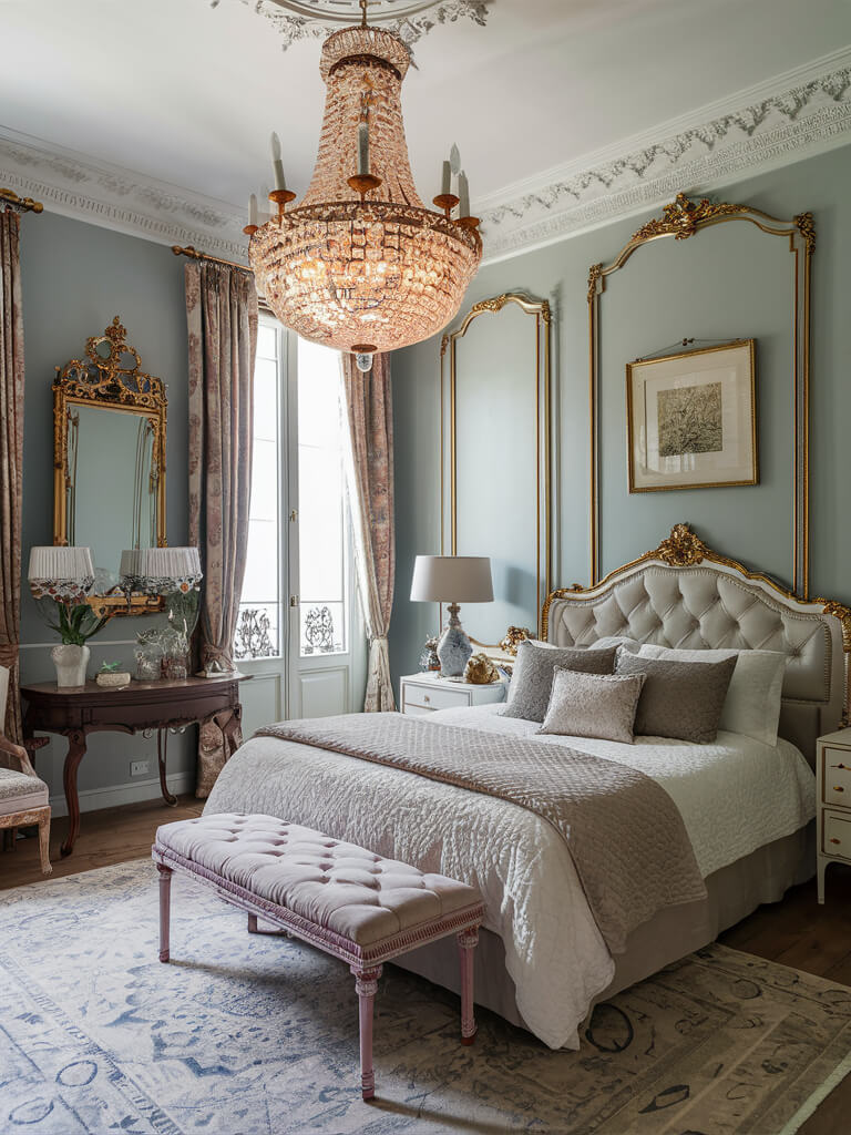Elegant bedroom with ornate chandelier, plush bed, vintage mirrors, and opulent decor. Large windows with drapes and detailed molding enhance luxury.