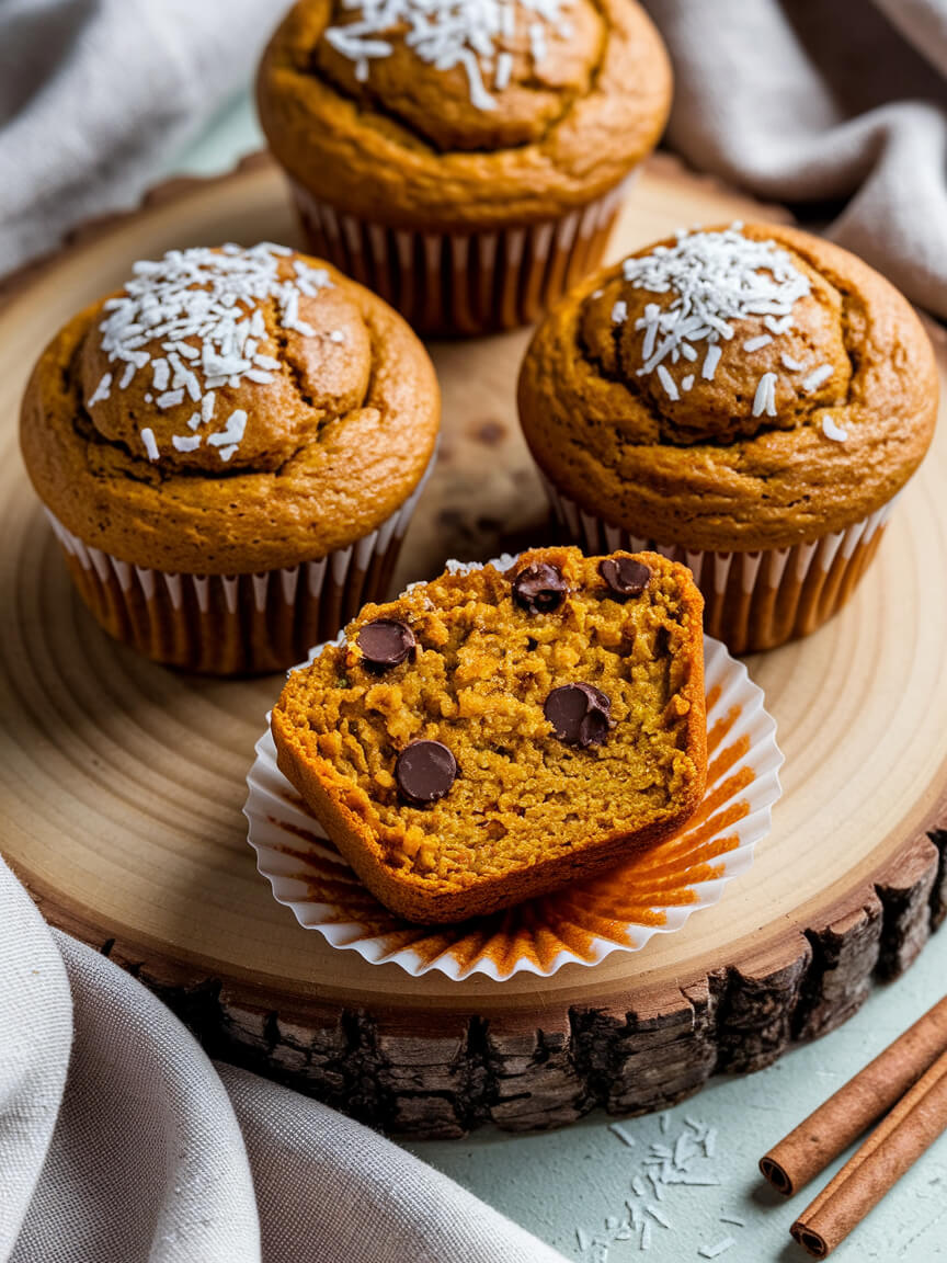 Three muffins with sprinkled coconut, one sliced revealing chocolate chips, are displayed on a wooden surface alongside cinnamon sticks and a cloth.