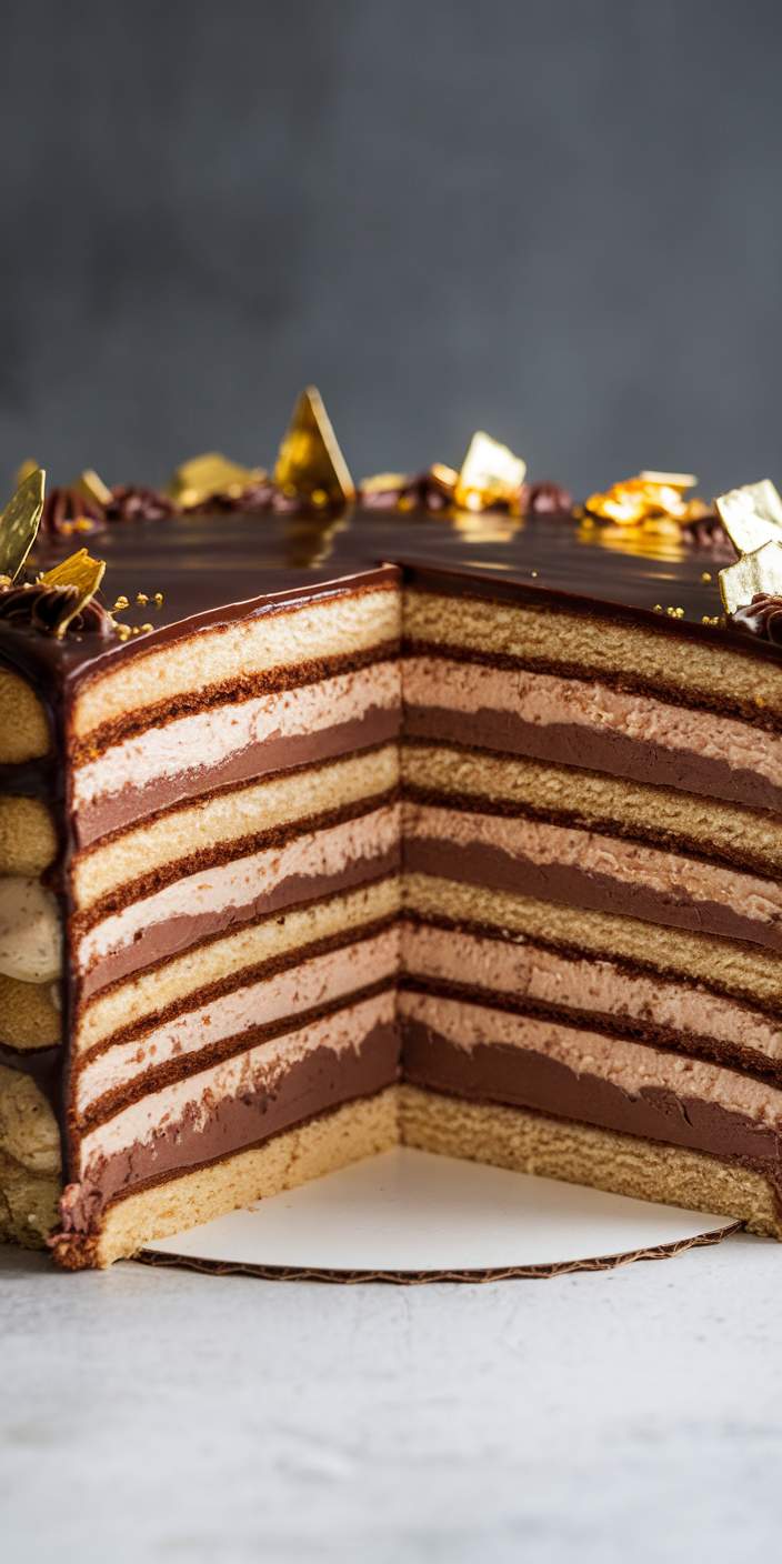 A multi-layered chocolate and vanilla cream cake with golden decorations, elegantly sliced to reveal even layers, placed on a light surface.