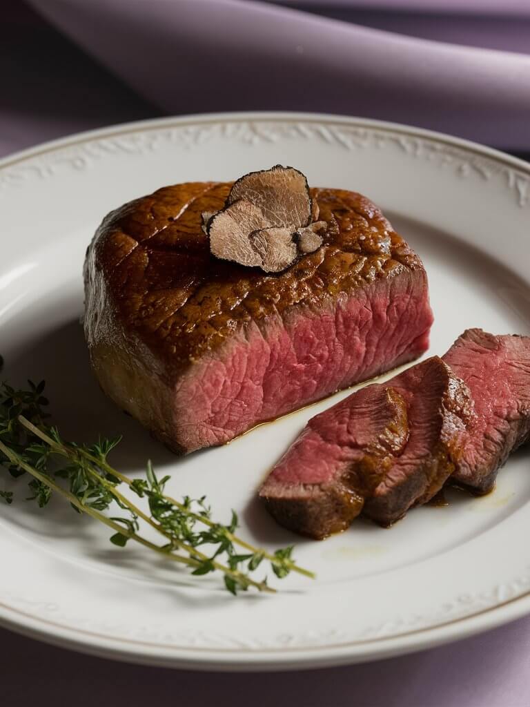 A juicy steak garnished with truffle slices on a white plate, accompanied by fresh herbs on a purple tablecloth background.