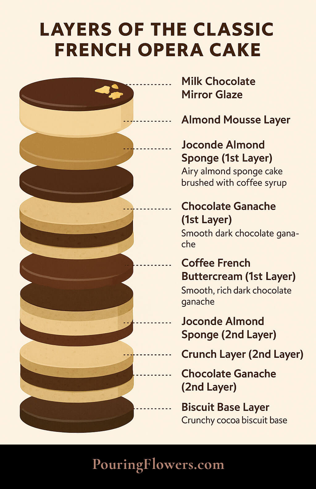 Illustrated breakdown of a classic French opera cake, showing layers of chocolate, almond sponge, mousse, and buttercream with descriptions.