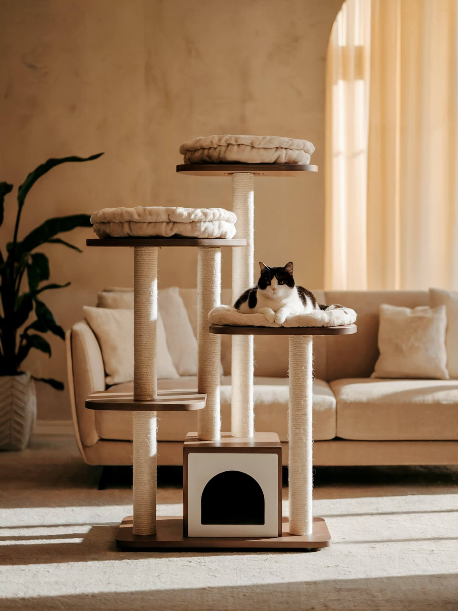A cat lounges on a multi-level cat tree in a sunlit living room with a beige sofa and a large leafy plant.