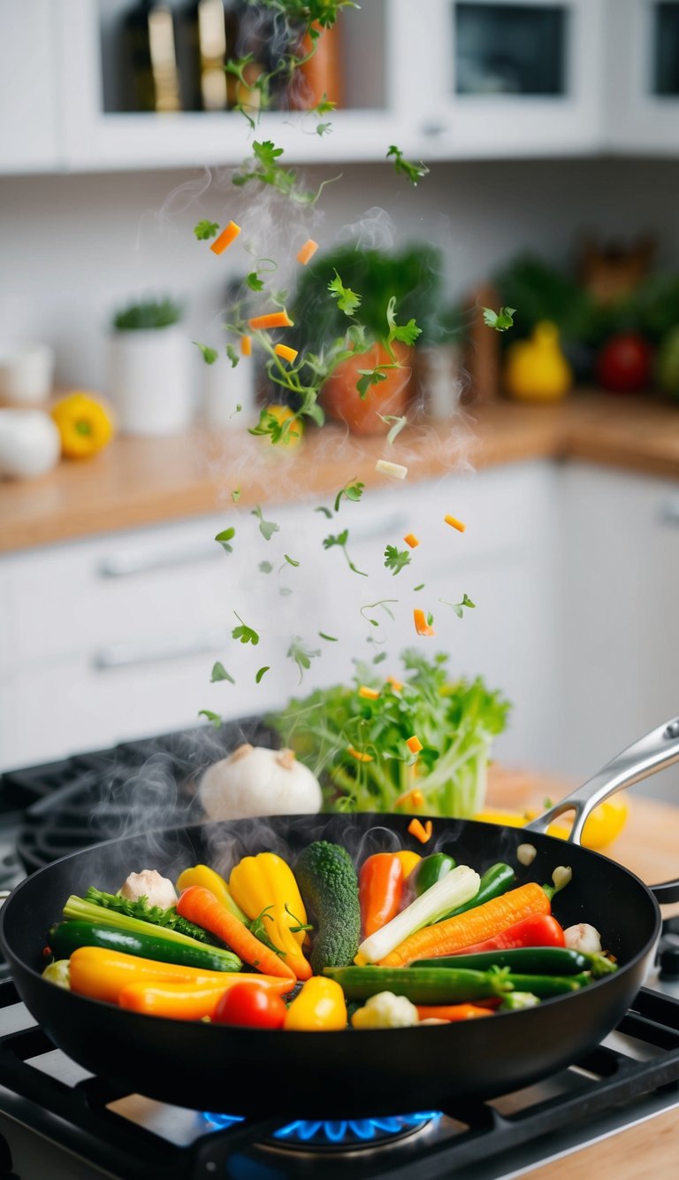 A colorful array of fresh vegetables sizzling in a large skillet over a stovetop, emitting mouthwatering aromas
