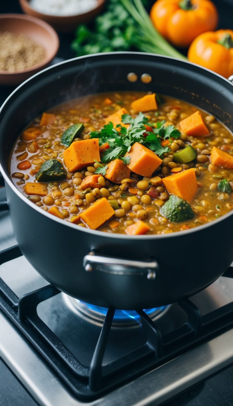 A simmering pot of lentil sweet potato curry with various vegetables and aromatic spices on a stovetop