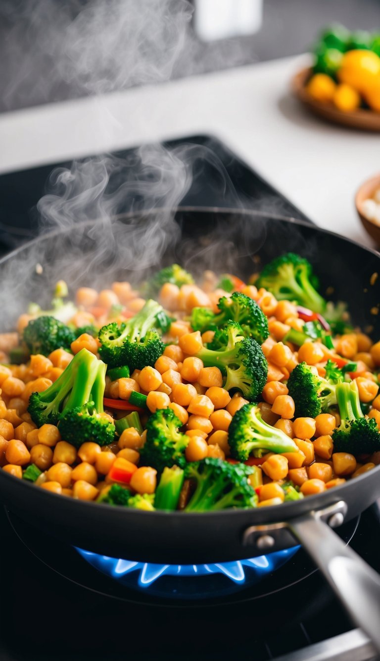 A sizzling skillet filled with chickpeas, broccoli, and colorful vegetables. Steam rises as the stir-fry is being cooked over a stovetop