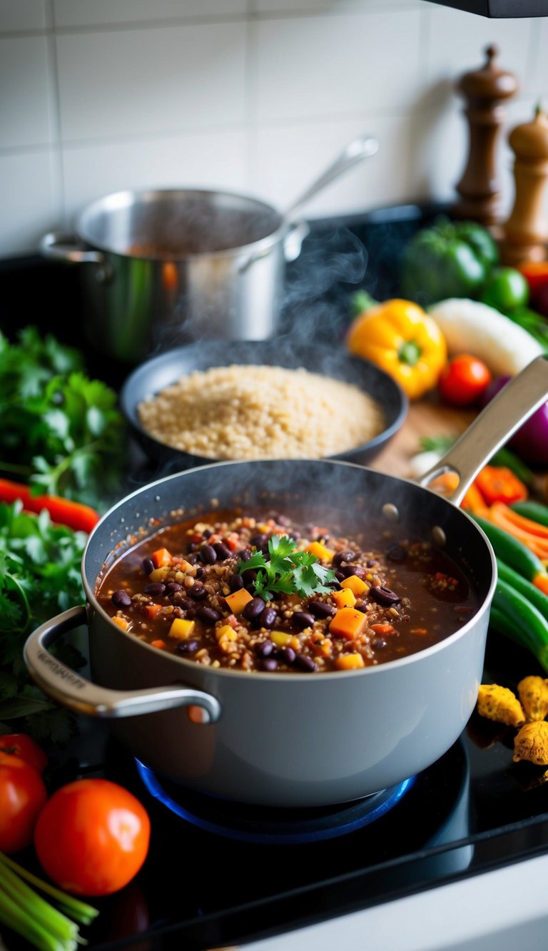 A steaming pot of quinoa and black bean chili simmers on a stovetop, surrounded by colorful vegetables and spices