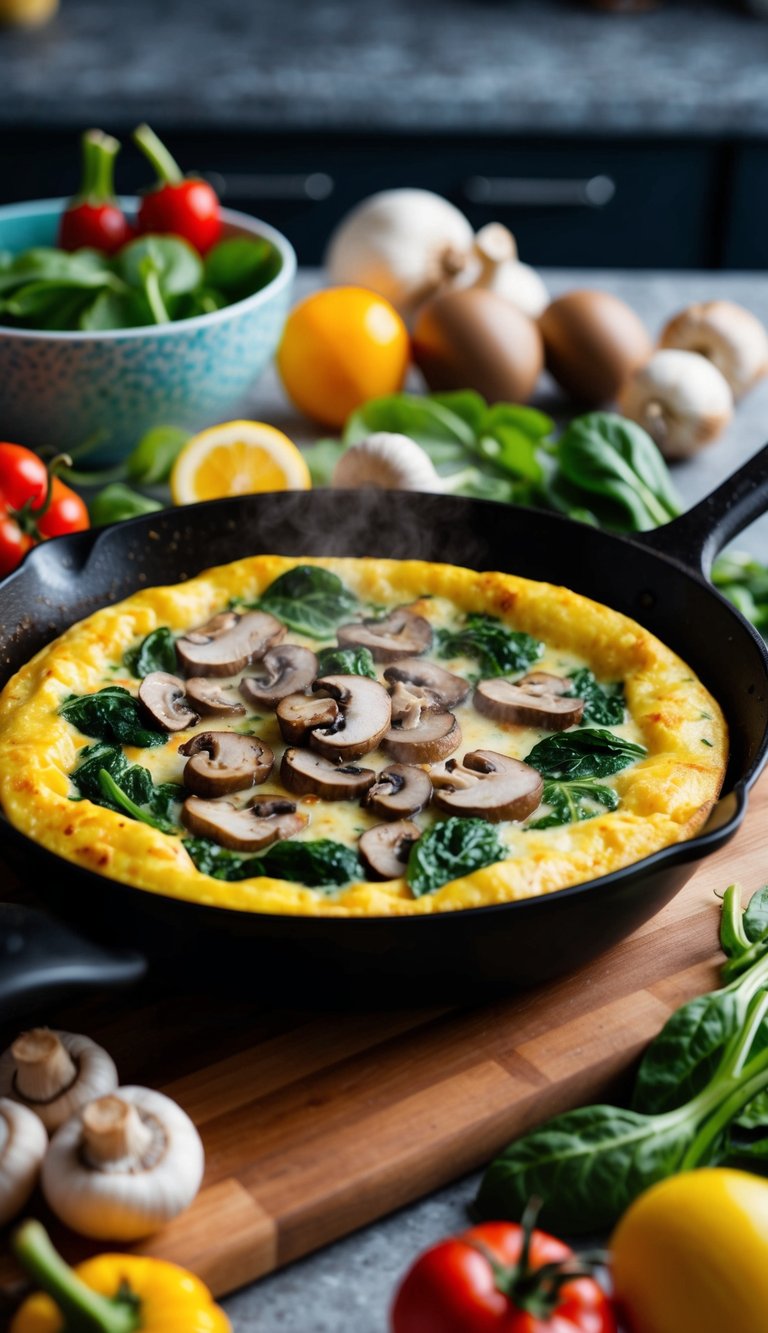 A sizzling frittata cooks in a skillet, filled with mushrooms and spinach, surrounded by colorful, fresh ingredients on a kitchen counter
