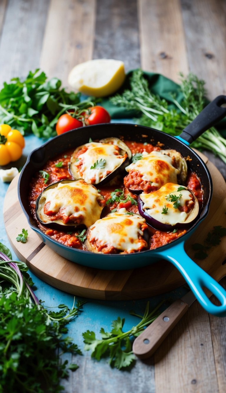 A colorful skillet filled with layers of eggplant, marinara sauce, and melted cheese, surrounded by fresh herbs and vegetables