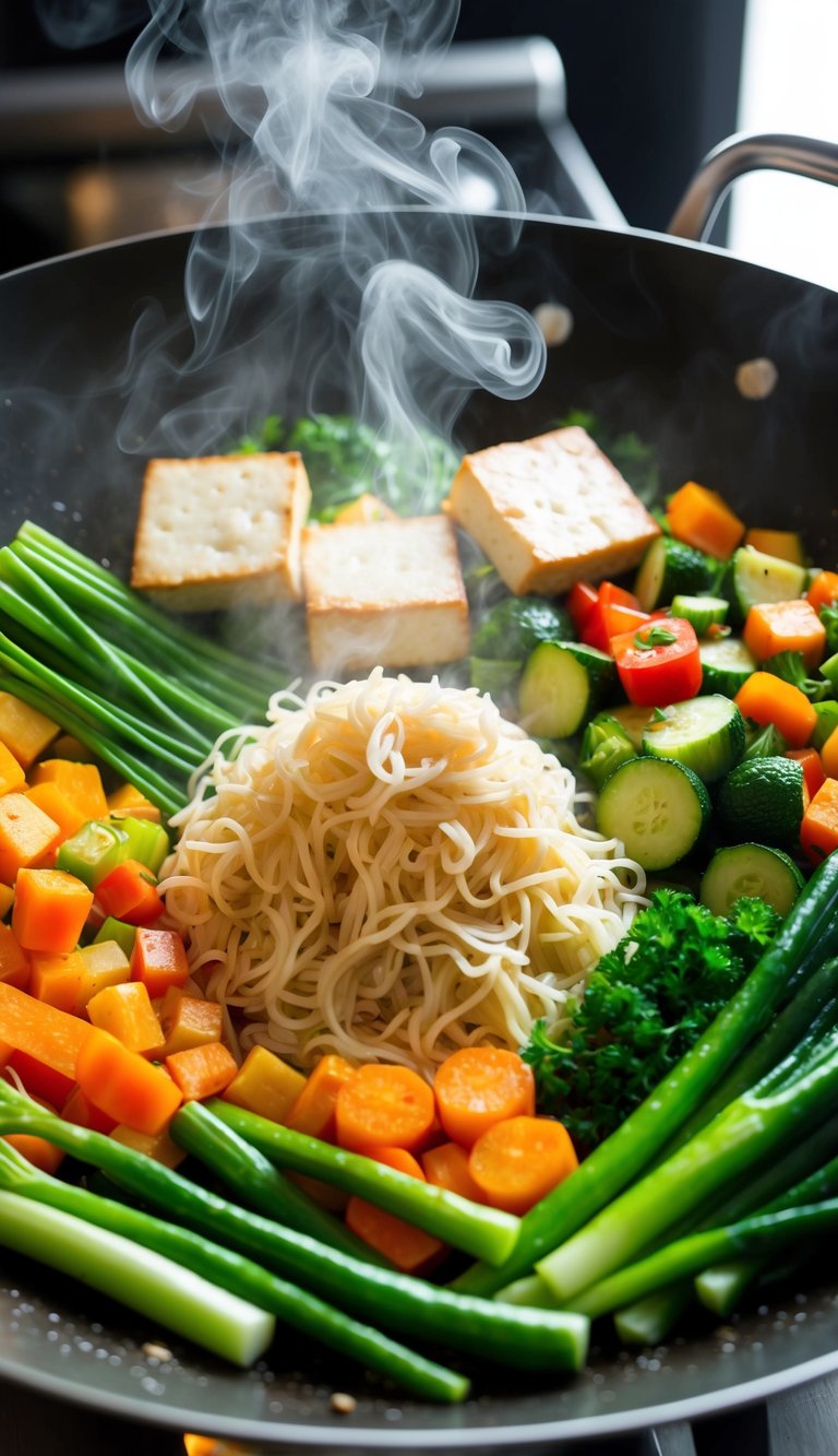 A colorful array of fresh vegetables, tofu, and rice noodles sizzling in a wok, emitting aromatic steam