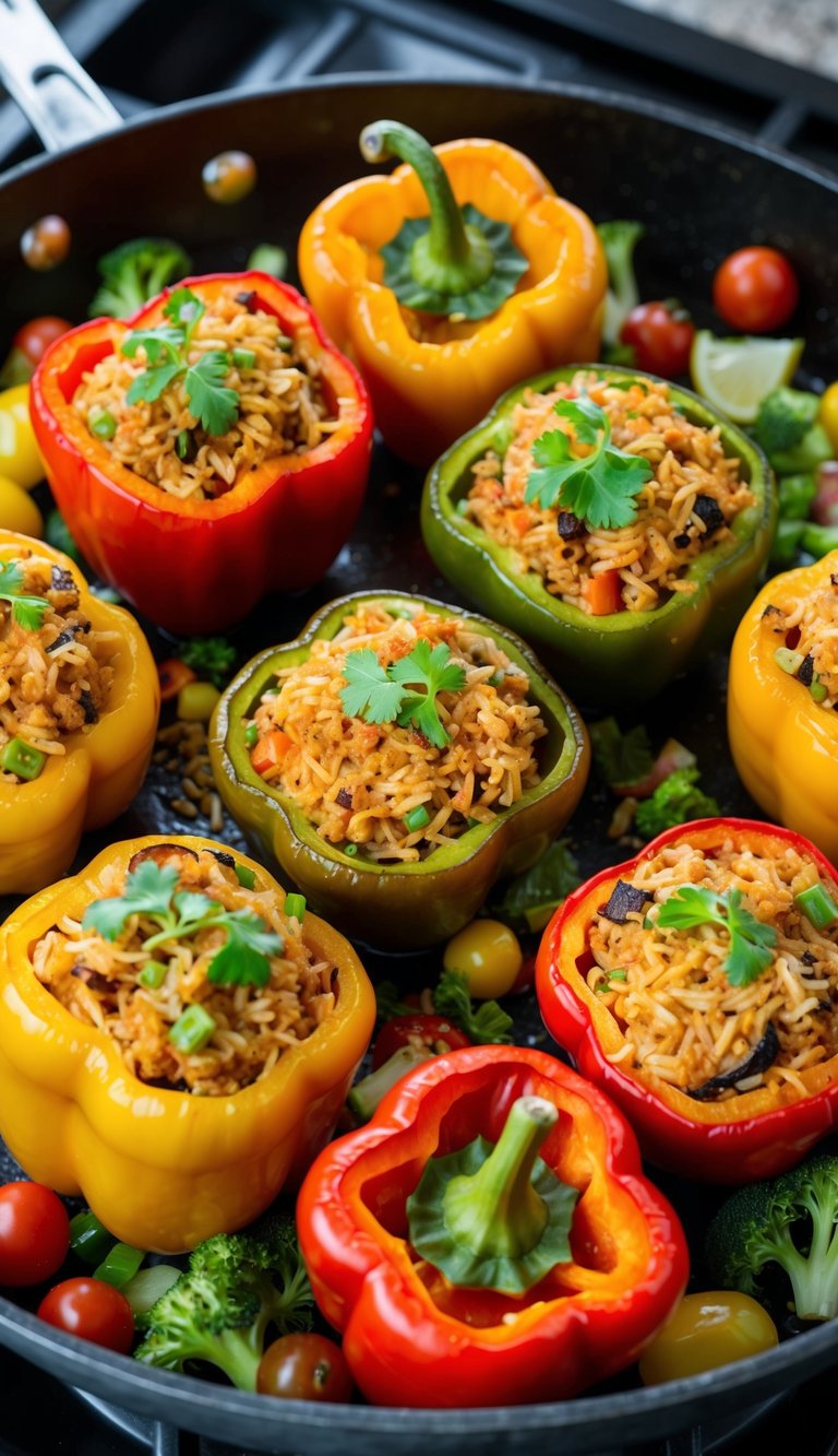 A colorful array of stuffed bell peppers, filled with rice and surrounded by various fresh vegetables, sizzling in a skillet on a stovetop