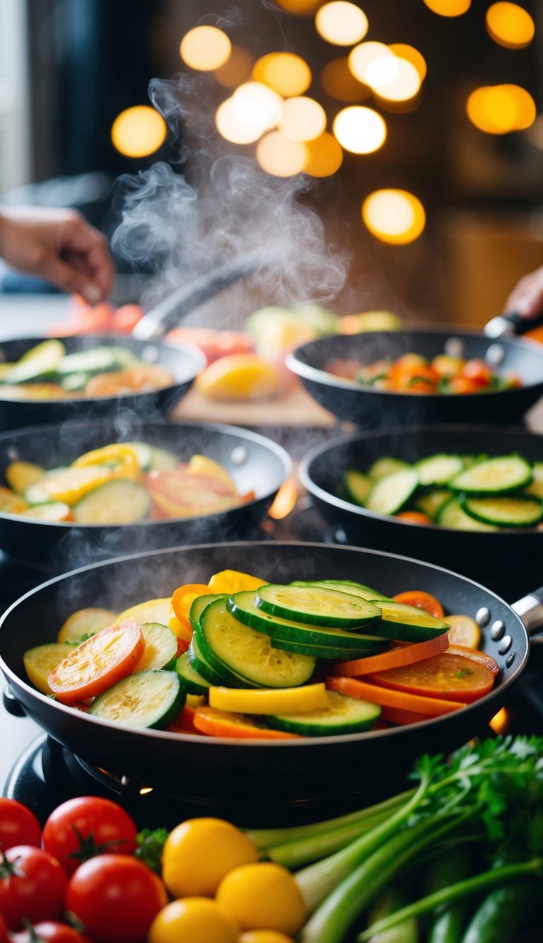 A colorful array of sliced vegetables sizzling in a pan, emitting a mouthwatering aroma