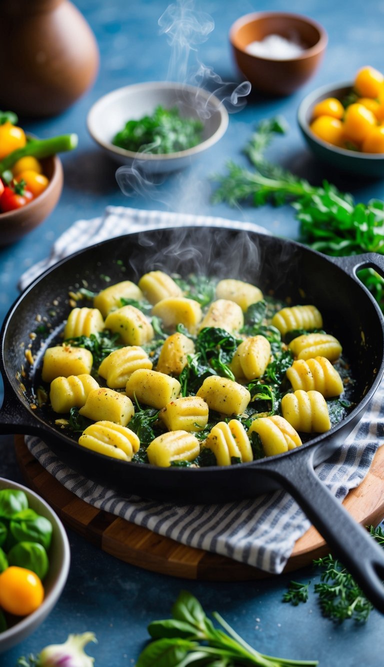 A steaming skillet of spinach artichoke gnocchi sizzling with vibrant colors and savory aromas, surrounded by fresh vegetables and herbs