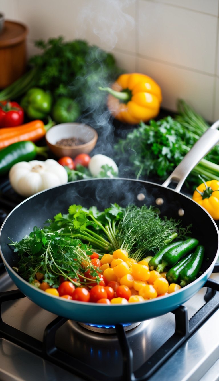 A colorful array of fresh vegetables and herbs sizzling in a single pan over a stovetop, emitting mouthwatering aromas