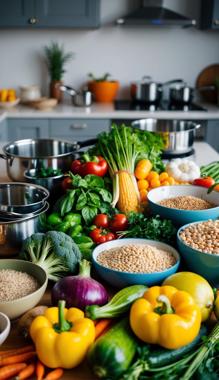 A colorful array of fresh vegetables, grains, and legumes arranged on a kitchen counter, with various pots and pans ready for cooking