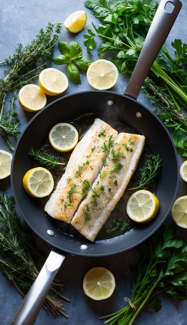 A colorful array of fresh herbs and lemon slices surround a perfectly cooked cod fillet in a sizzling pan