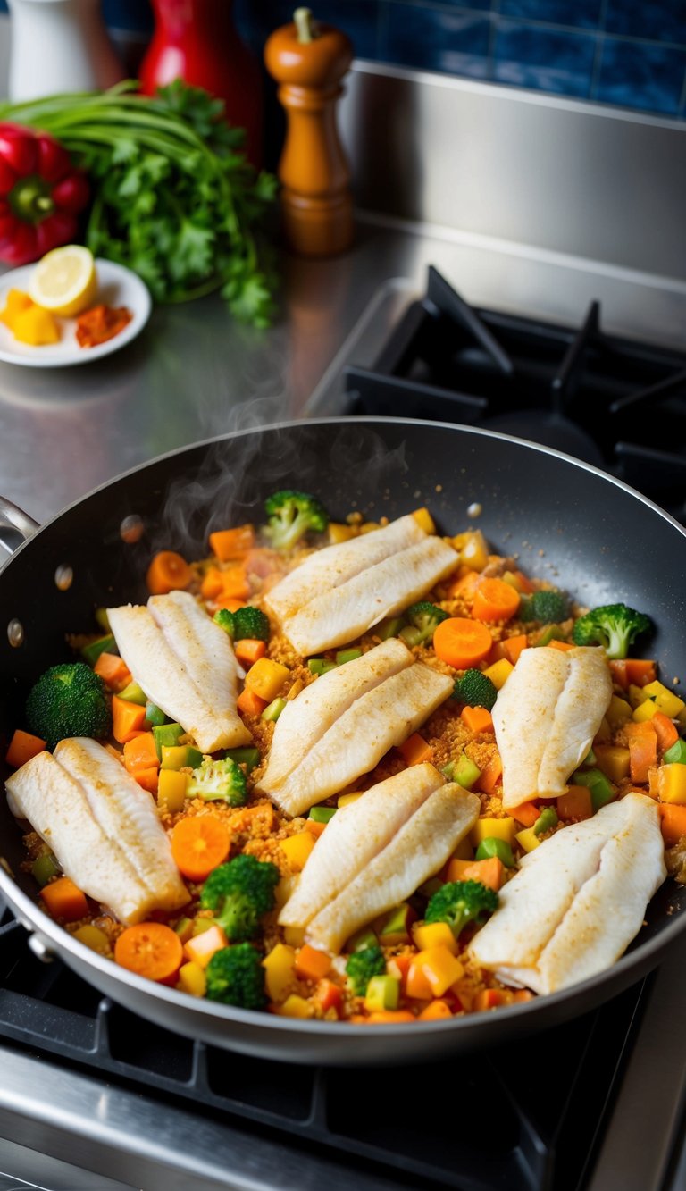 A colorful array of fresh catfish fillets, vibrant vegetables, and aromatic Cajun spices sizzling in a single pan on a stovetop