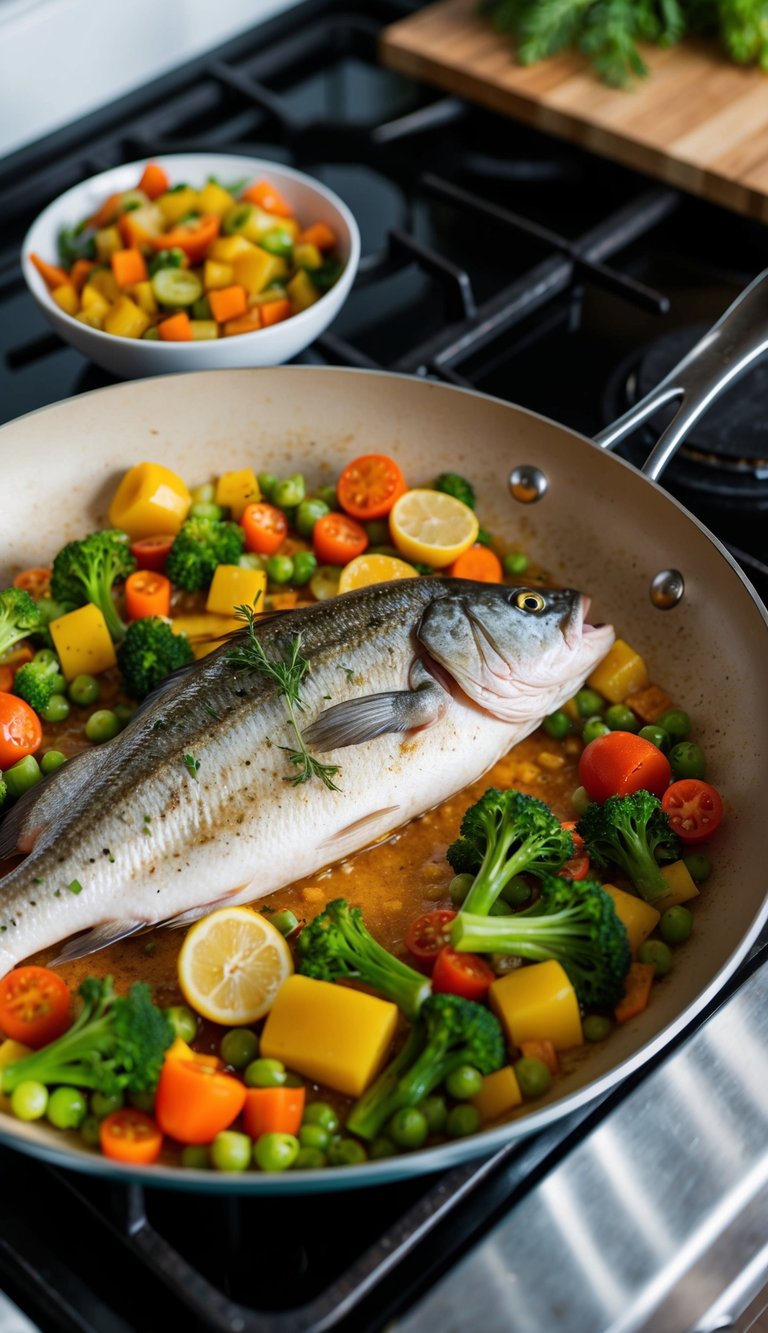 A colorful array of fresh vegetables and seasoned sea bass sizzling on a large pan over a stovetop