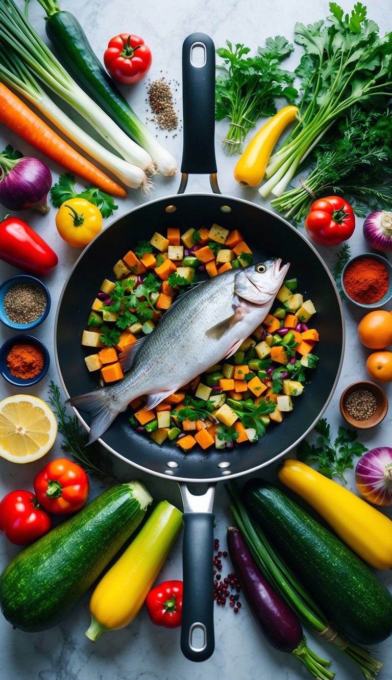 A colorful array of fresh vegetables and a whole snapper fish arranged on a large pan, surrounded by vibrant spices and herbs
