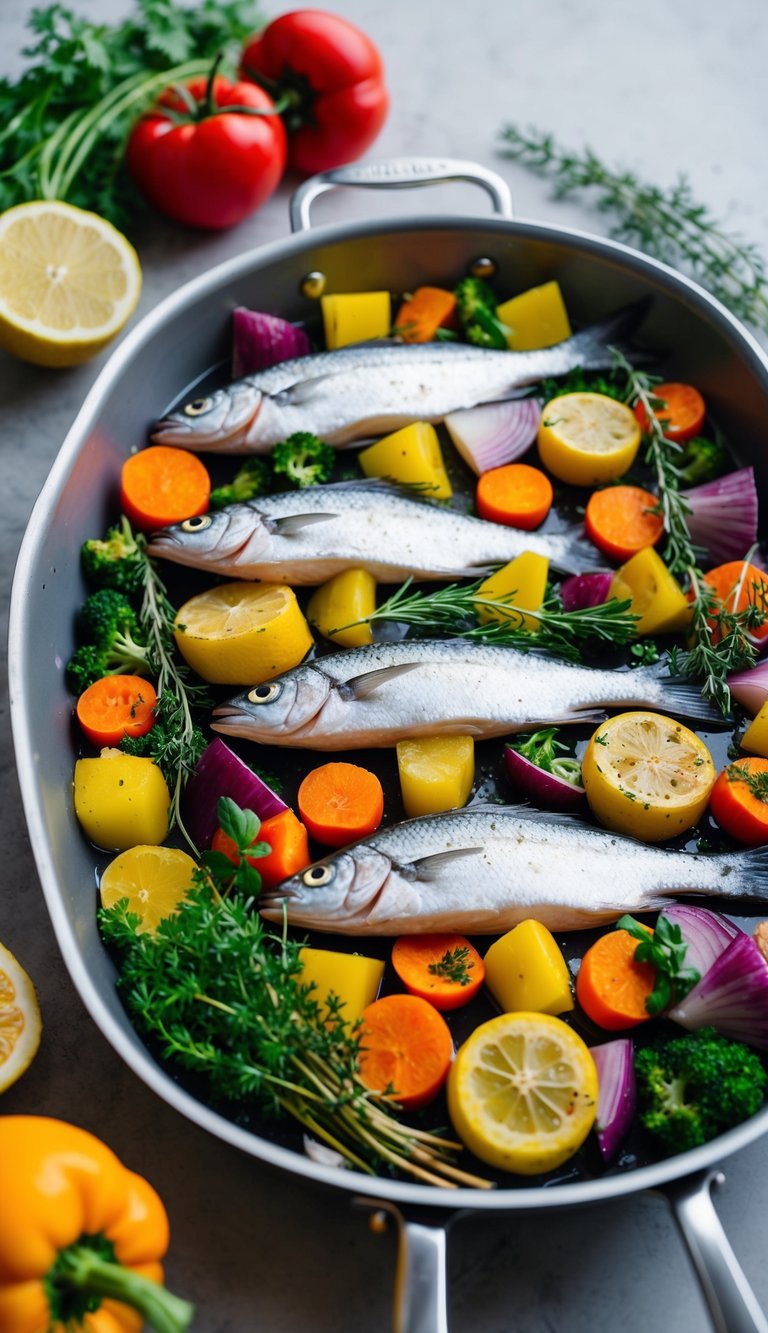 A colorful array of fresh fish, vibrant vegetables, and aromatic herbs arranged on a single pan, ready to be roasted to perfection
