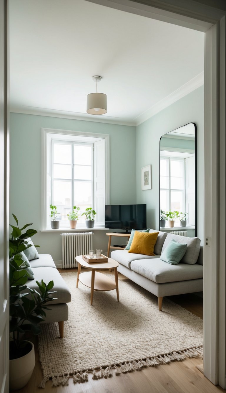 A small living room with light-colored walls, minimal furniture, and strategically placed mirrors to create the illusion of space
