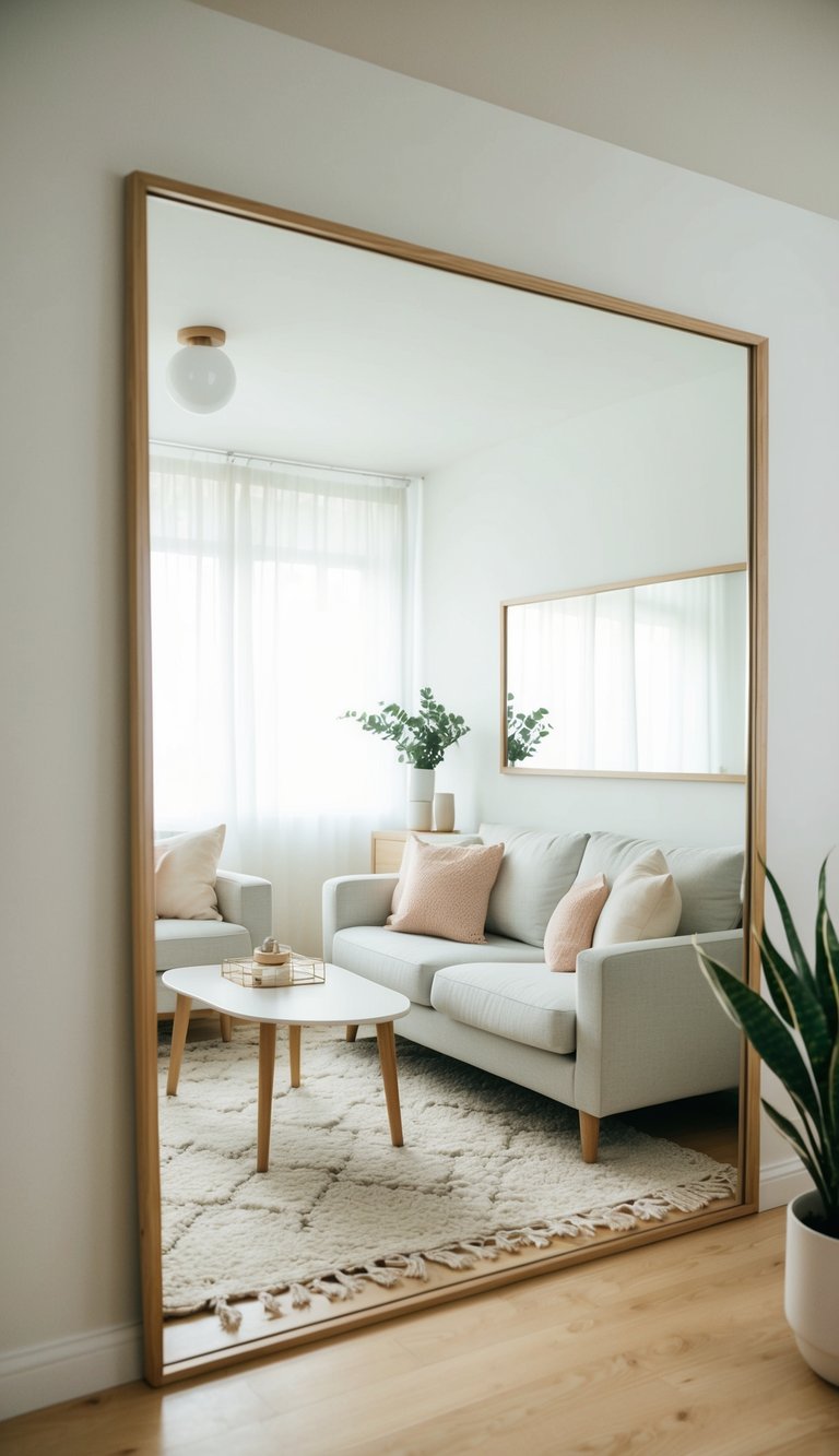 A small living room with light-colored furniture, minimal decor, and strategically placed mirrors to create the illusion of a bigger space