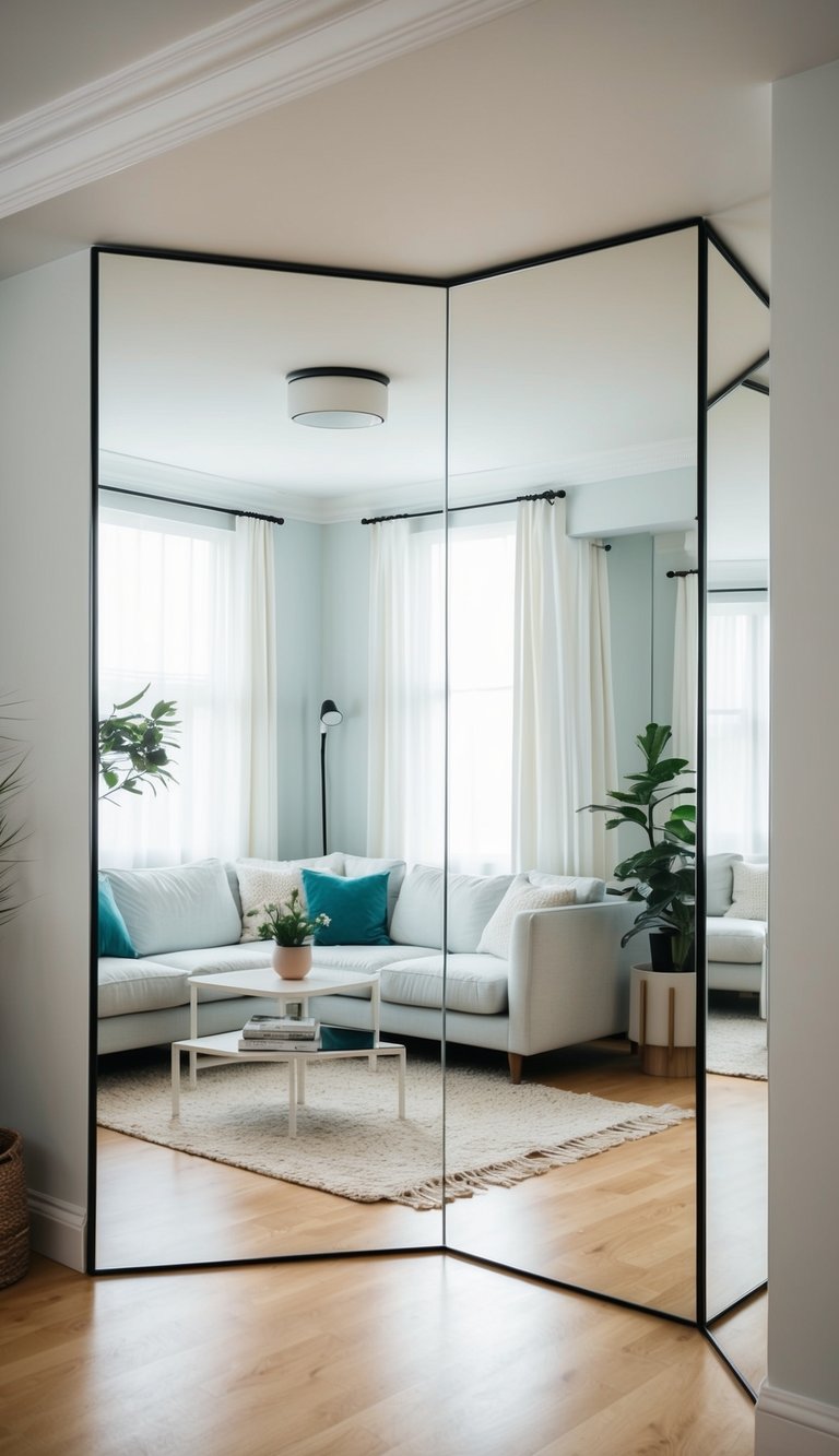 A small living room with strategically placed mirrors to create the illusion of more space. Light colors and minimal furniture add to the spacious feel