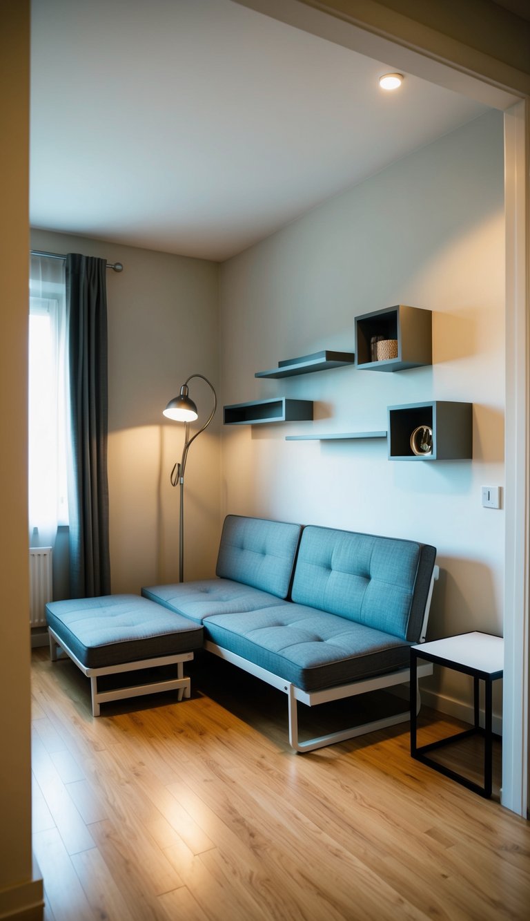 A small living room with a convertible sofa bed, foldable coffee table, and wall-mounted shelves to maximize space and create a sense of openness