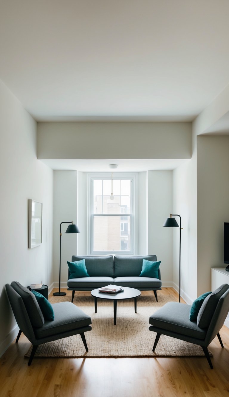 Low-profile seating arranged in a small living room with minimal furniture and open space to create a sense of spaciousness
