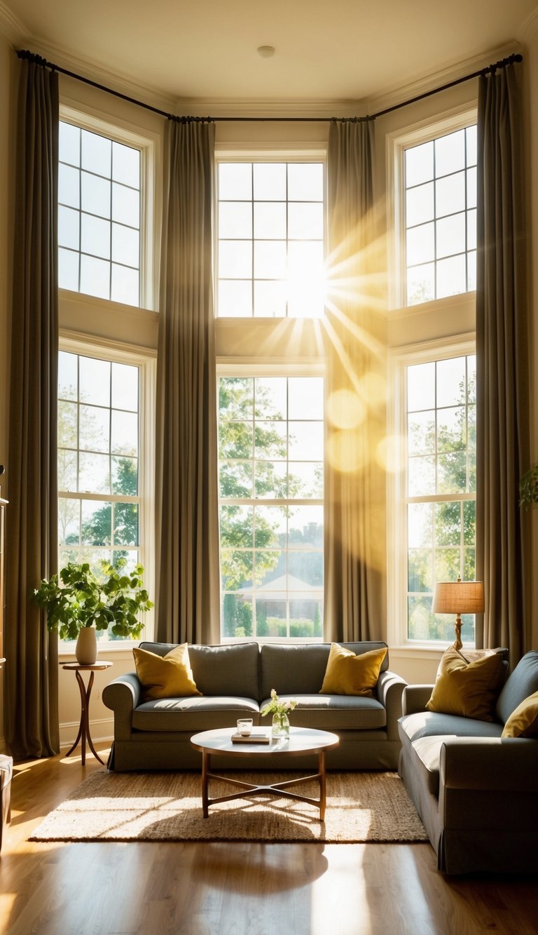 Sunlight streams through tall windows onto a cozy living room with high-hung curtains, creating an illusion of spaciousness