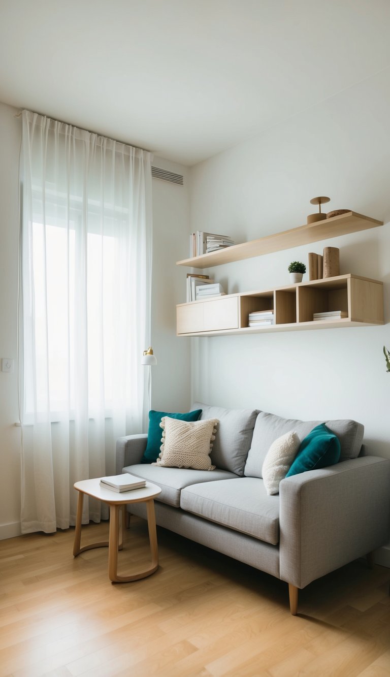 A small living room with shelves and wall-mounted storage to maximize space, with minimal furniture and light-colored decor to create a sense of openness