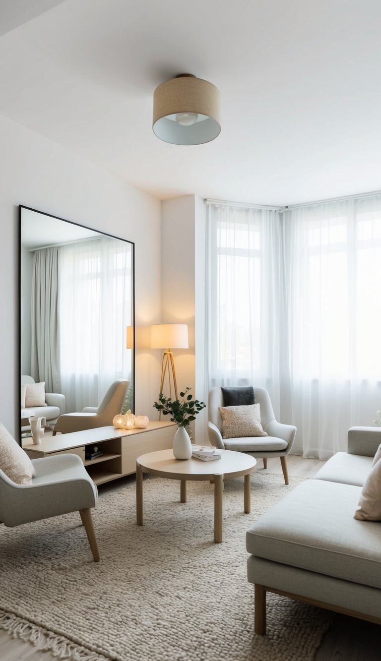 A small living room with minimal decor, featuring light-colored furniture, a large mirror to create the illusion of space, and strategically placed lighting to enhance the feeling of openness