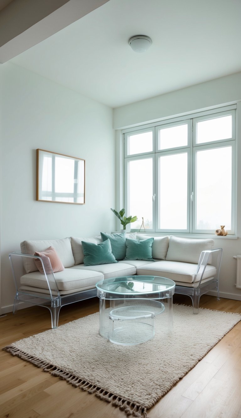 A small living room with transparent furniture, light-colored walls, and minimal decor to create a spacious and airy feel